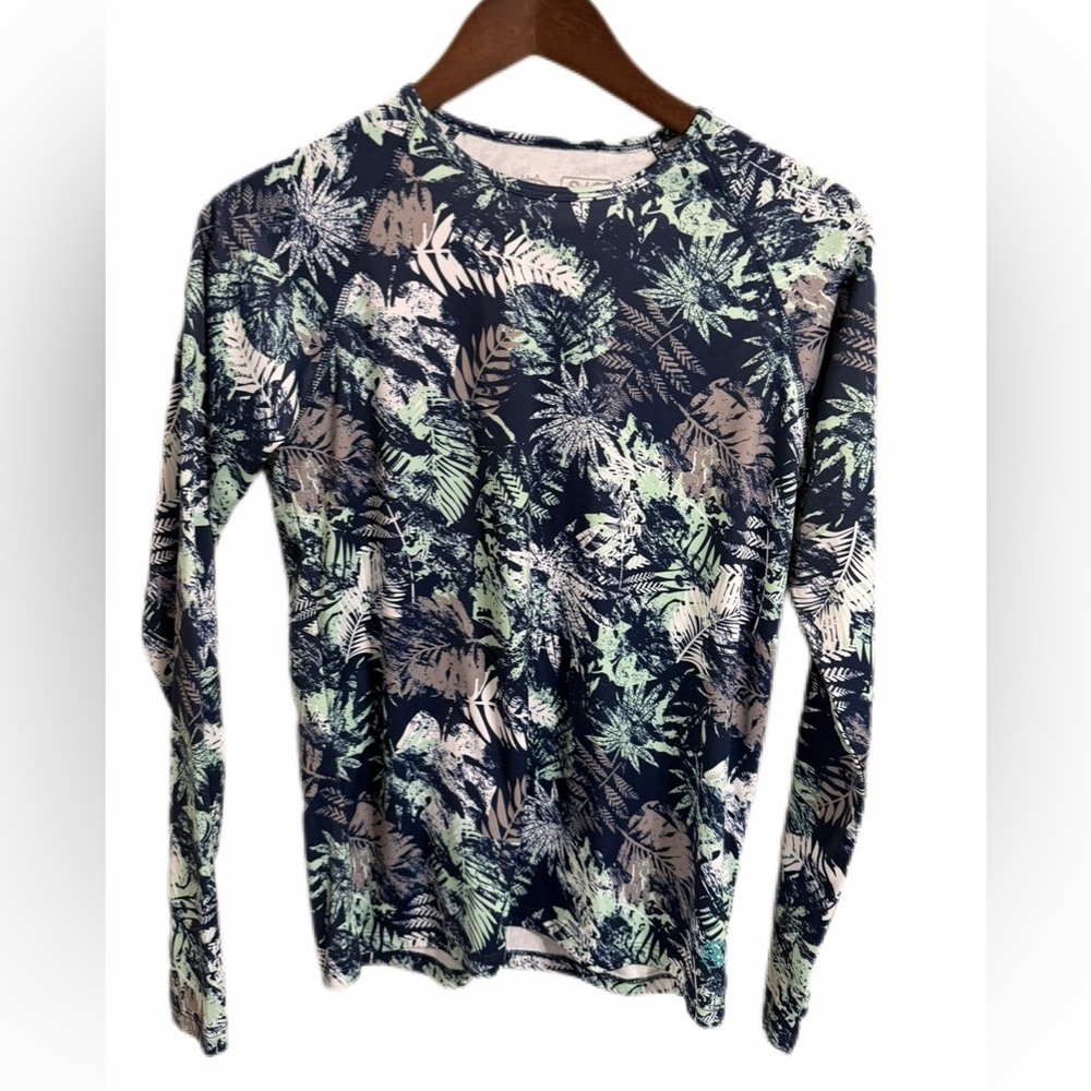 Reel Legends Blue Tropical Print Long Sleeve Athletic Rash Guard Top Size S